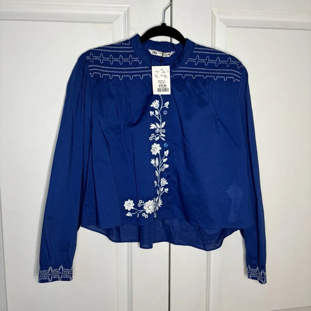 Zara Cropped Floral Blouse Womens S Blue Embroidered Boho Prairie Cottagecore - Picture 1 of 7